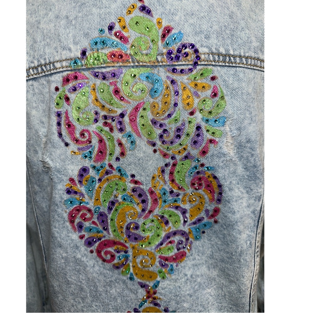 Filigree Heart Hand Painted Mid  Length Denim Jacket - Picture 2 of 7